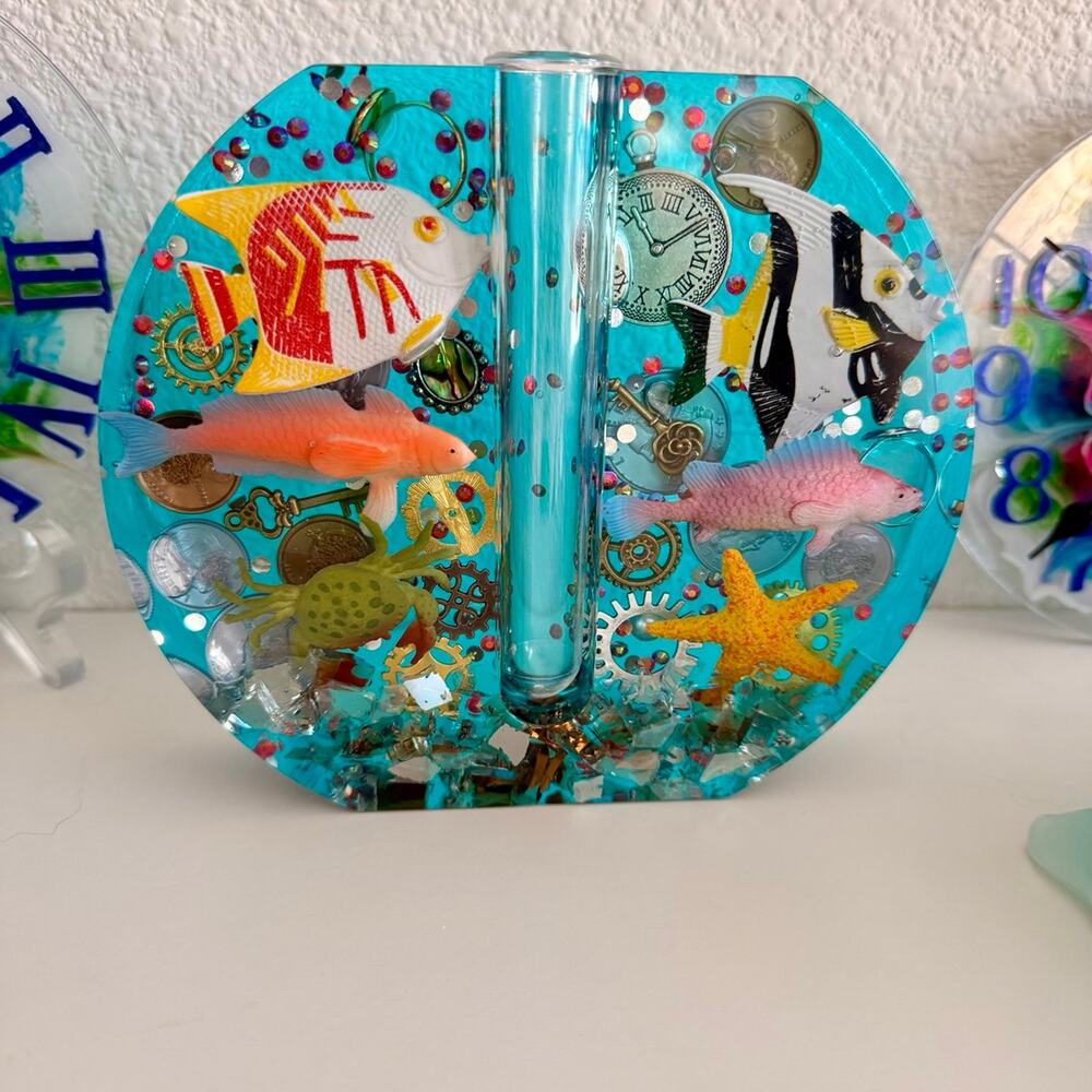 Handmade Resin Bud Vase | Steampunk Ocean Decor | Fish & Gear Curiosity | One-of